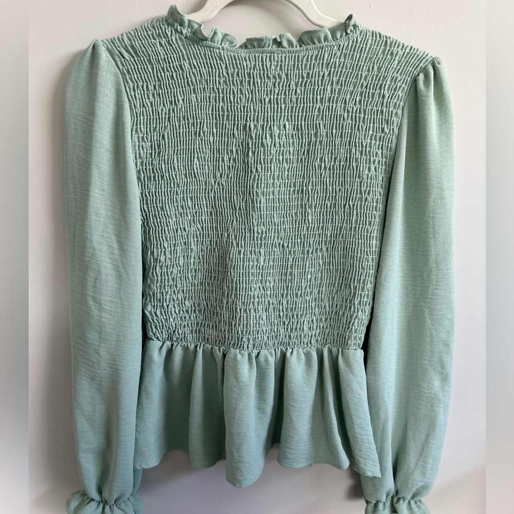 Everly Mint Green Smocked Ruffle Peplum Blouse - Picture 4 of 7